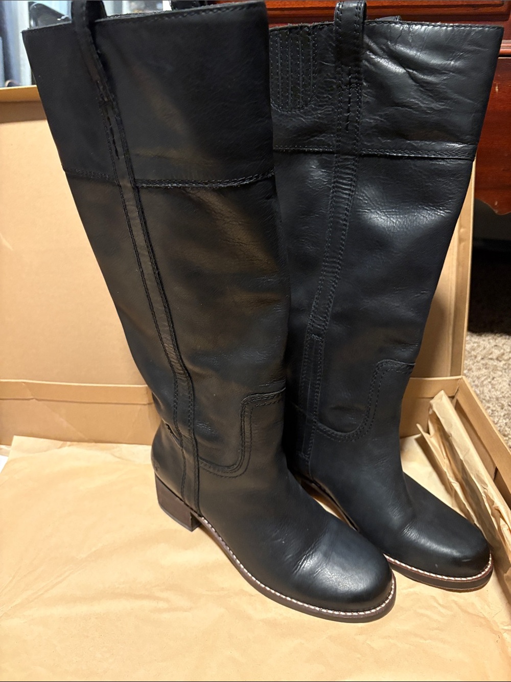 Lucky Brand Black Leather Knee-High Riding Boots Wide Calf Sz 7.5
